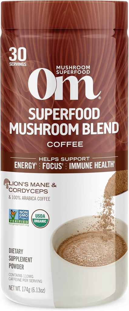 OM MUSHROOM SFOOD Kahvesi - Lion's Mane, Cordyceps, Reishi, Türkiye Tail & Ginkgo - Enerji, Focus & Clarity - 6.24 oz Canister (30 hizmet)