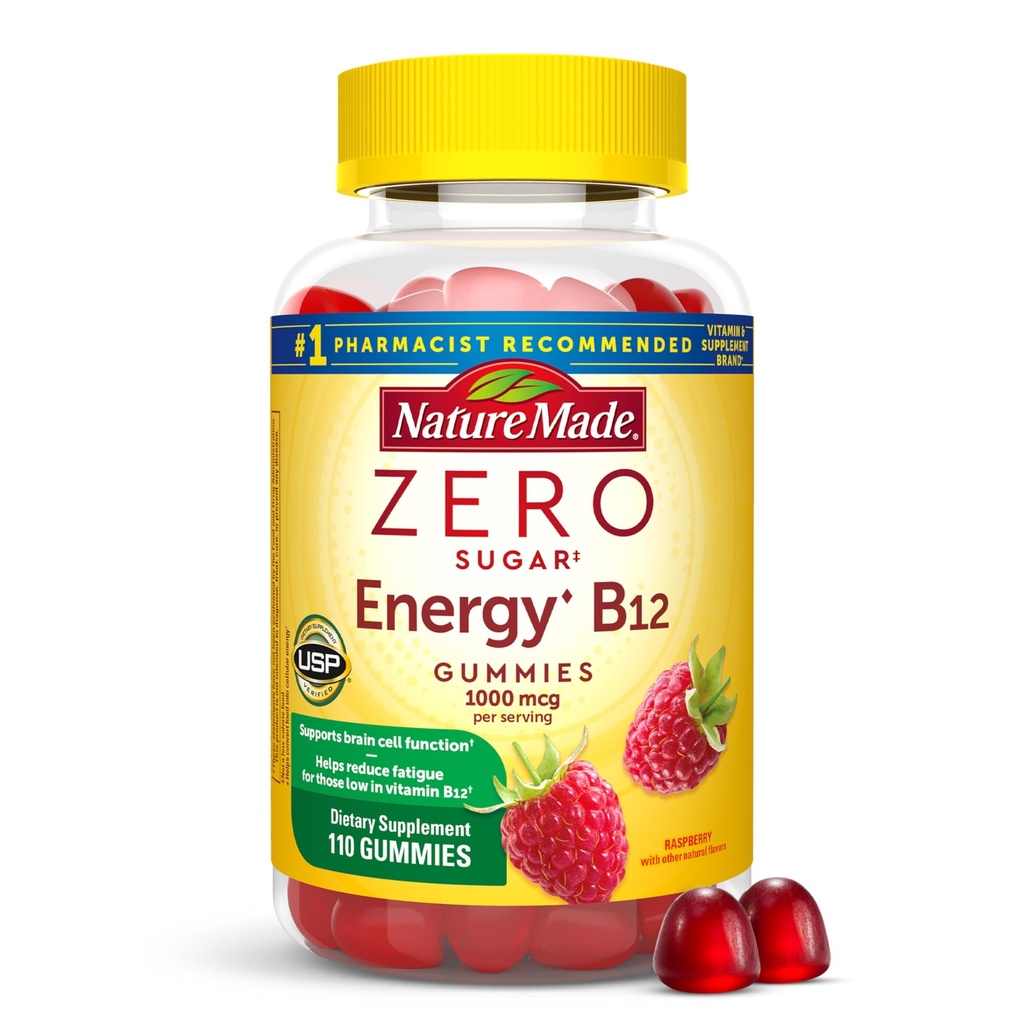 Nature Made Zero Sugar Energy Vitamin B12 Gummies 1000 mcg per Serving, B12 Vitamin, Energy Metabolism Support, Aspartame Free, 110 Sugar Free Gummies, 55 Day Supply