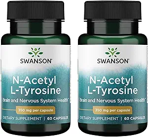 Swanson N-Acetyl L-Tyrosine - Amino Asit Supplement Supporting General Brain Health & Central Nervous System Function - Supports Mood & Cognitive Health - (60 Capsules, 350 mg Her) (2 Pack)
