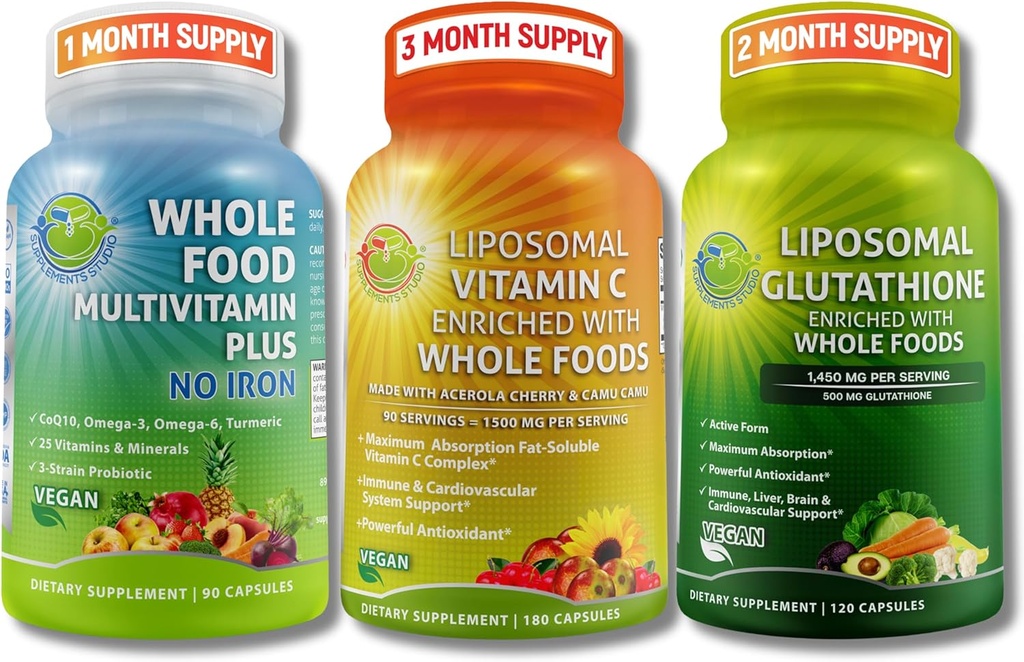 Immune & Daily Wellness Support Sche for Women & Men - Liposomal Vitamin C 1500 mg + Vegan Tüm Gıda Çokvitamin Demir + Liposomal Glutathione 500 mg - Vegan, Non-GMO, Clean Daily Wellness Support
