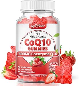 softbear CoQ10 Gummies 400 mg Coenzyme Q10 Supplement for Yetişkinler, High Abxia coq10 Plus Omega-3, Magnezyum, B3 & Çinko for Cellular Energy & Antioksi, Strawberry Flavor 60 Count