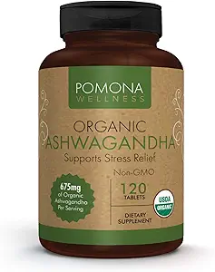 Pomona Wellness Organic Ashwagandha Supplement for Stress Support, 1,350 mg Mood Advancedr & Thyroid Support, USDA Organic, Vegan, Non-GMO, 120 Ashwagandha Root Toz Tabletleri