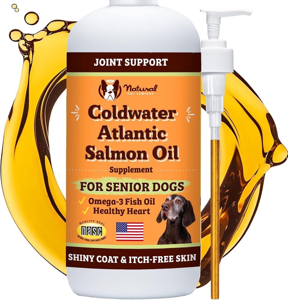 Natural Dog Company Coldwater Atlantic Salmon Oil for Dogs (16oz) - Senior Dog Fish Oil Supplement with Omega 3, Easy to Digest for Senior Dog Fish Oil, Liquid Dog Fish Oil Joint Support Supplement Supplement