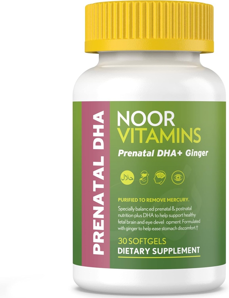 Noor Vitamins Halal Prenatal Vitaminler DHA ve Folic Asit, Essential Vitaminler, Ginger to Soothe Mom's Stomach, Iron, Softgels, Prenatal Vitaminler / Gecikmeden Önce (Ay Supply)