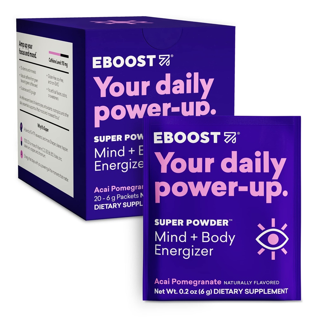 EBOOST Super Energy Toz İçecek Mix, Non-GMO Electrolyte Supplement Loaded with Vitamins (Acai Pomegranate), 0.2 Ounce (Pack of 20)