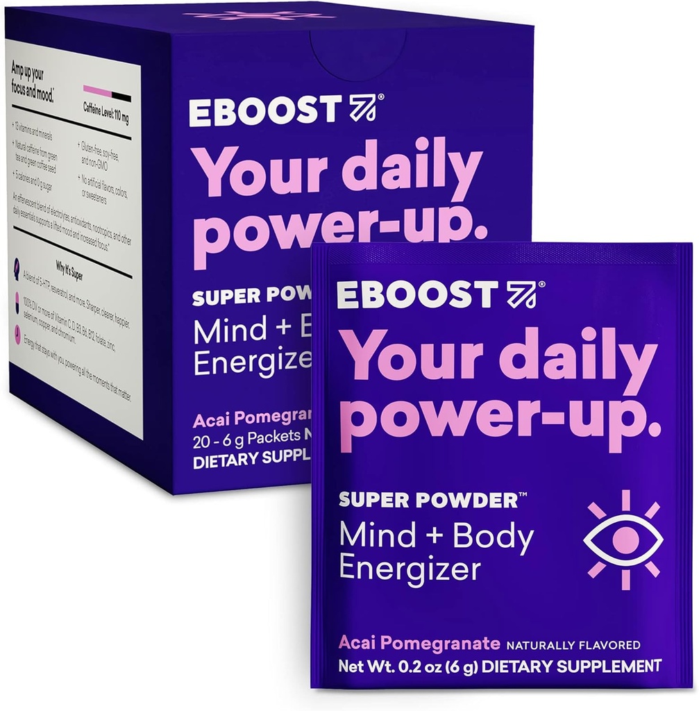 EBOOST Super Energy Toz İçecek Mix, Non-GMO Electrolyte Supplement Loaded with Vitamins (Acai Pomegranate), 0.2 Ounce (Pack of 20)