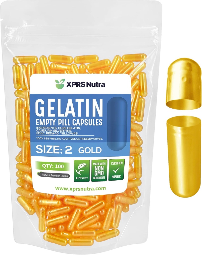 XPRS Nutra Boyutu 2 Boş Kapsüller - 100 Kont Boş Gelatin Capsules - Pills DIY Capsule - Pure Bovine Pill Gel Caps For Do-It- Yourself Supplements (Gold)