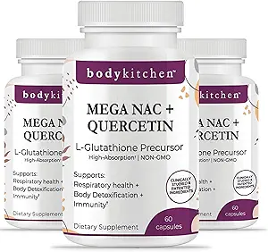 Body Kitchen Mega NAC (N-Acetyl Cysteine) Quercetin ile 600 mg, Supports Respiratory Health and Immune Function and Promosyons Liver and Kidney Detox, Veggie Caps, (Paketi 3)