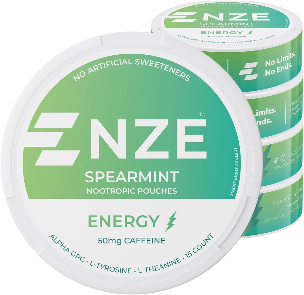 NZE Caffeine Nootropic Pouches (Spearmint) - Energy Pouches with 50mg Caffeine, Alpha GPC, L-Tyrosine & L-Theanine with No Sugar or Artificial Sweeteners - 15 Pouches Per Can - 5 Pack