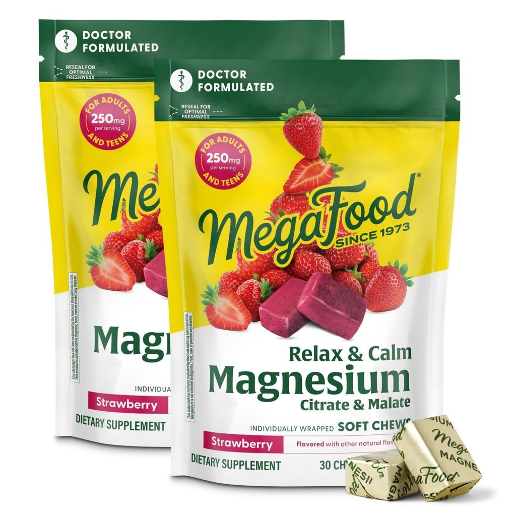 MegaFood Relax + Calm Magnezyum Supplement - Yumuşak Chews with Magnezyum Citrate & Malate for Heart Health, Muscle Ger & More - Vegetarian - Strawberry Flavor - 30 Chews per Pack (2 Pack)