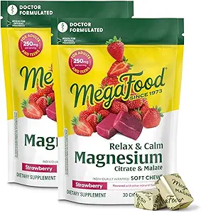 MegaFood Relax + Calm Magnezyum Supplement - Yumuşak Chews with Magnezyum Citrate & Malate for Heart Health, Muscle Ger & More - Vegetarian - Strawberry Flavor - 30 Chews per Pack (2 Pack)