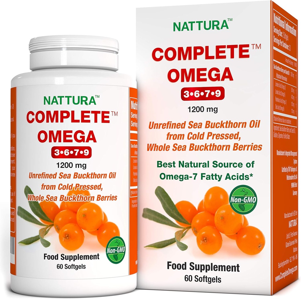 Nattura Complete Omega 3-6-7-9, Pure Sea Buckthorn Oil, European Quality, from Unrefined, Cold Pressed Whole Sea Buckthorn Wild Berries - 1.200mg - 2 Μπουκάλια