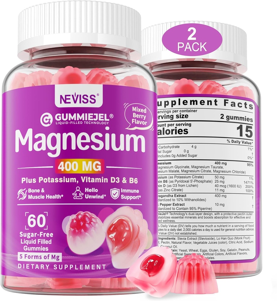 Sugar-Free Magnezyum Gummies 400 mg | 5-in-1 Kompleksi: Glycinate, Citrate, Malate, Chloride & Taurate | Ashwagandha, Vitamin D3 & çinko | Calm, Mood & Energy Support | Vegan, 2Pack