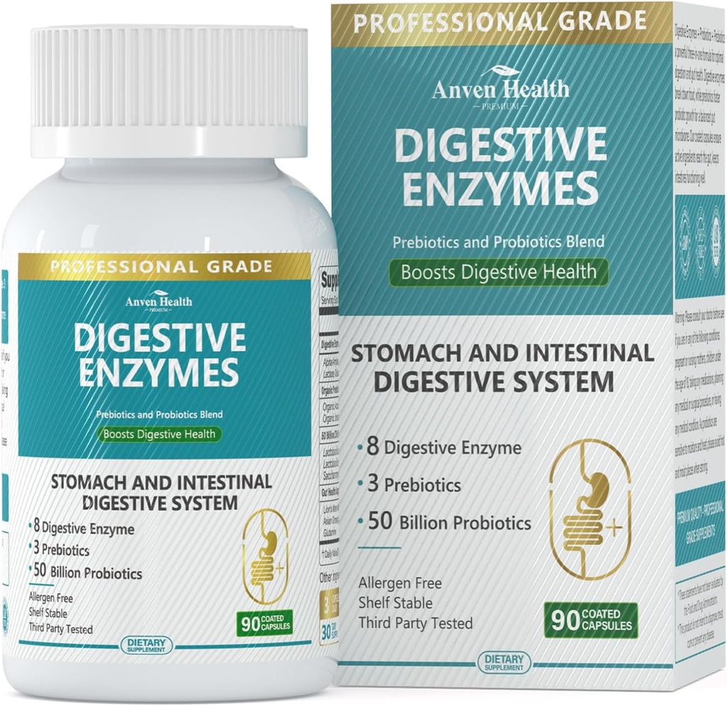 800 mg Erkekler ve Kadınlar için Probiyotikler & Organik Prebiyotikler, 8 Key Enzymes, Protease, Amylase & Lipase for Bloating, Gas Relief, Non-GMO | 90 Capsules