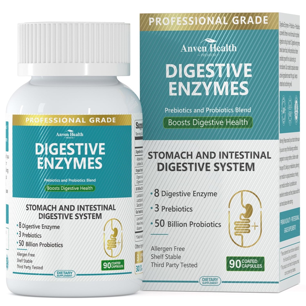 800 mg Erkekler ve Kadınlar için Probiyotikler & Organik Prebiyotikler, 8 Key Enzymes, Protease, Amylase & Lipase for Bloating, Gas Relief, Non-GMO | 90 Capsules