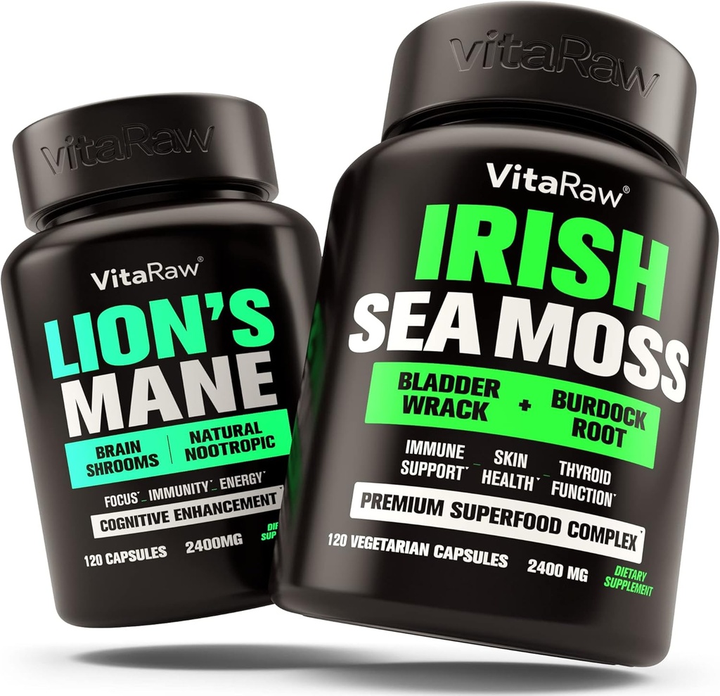 Lions Mane Mushroom + Irish Sea Moss - Brain Booster Memory & Energy + Immune Support, Joint & Thyroid and Gut Health