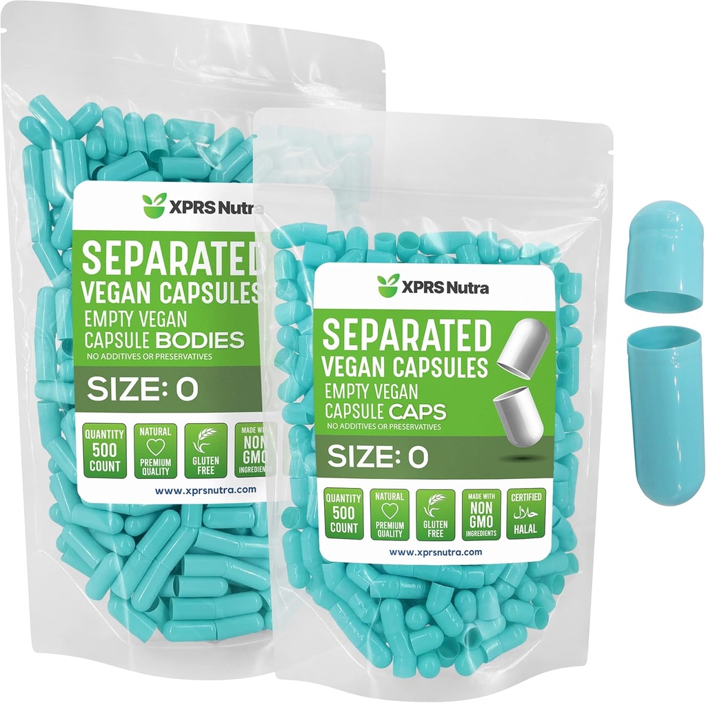 XPRS Nutra Vegan Boyutu 0 Ayrılı Kapsüller - 500 Kont Premium Boş Kapsüller Çantada Ayrıştı - Pills 0 DIY Supplement (Aqua)