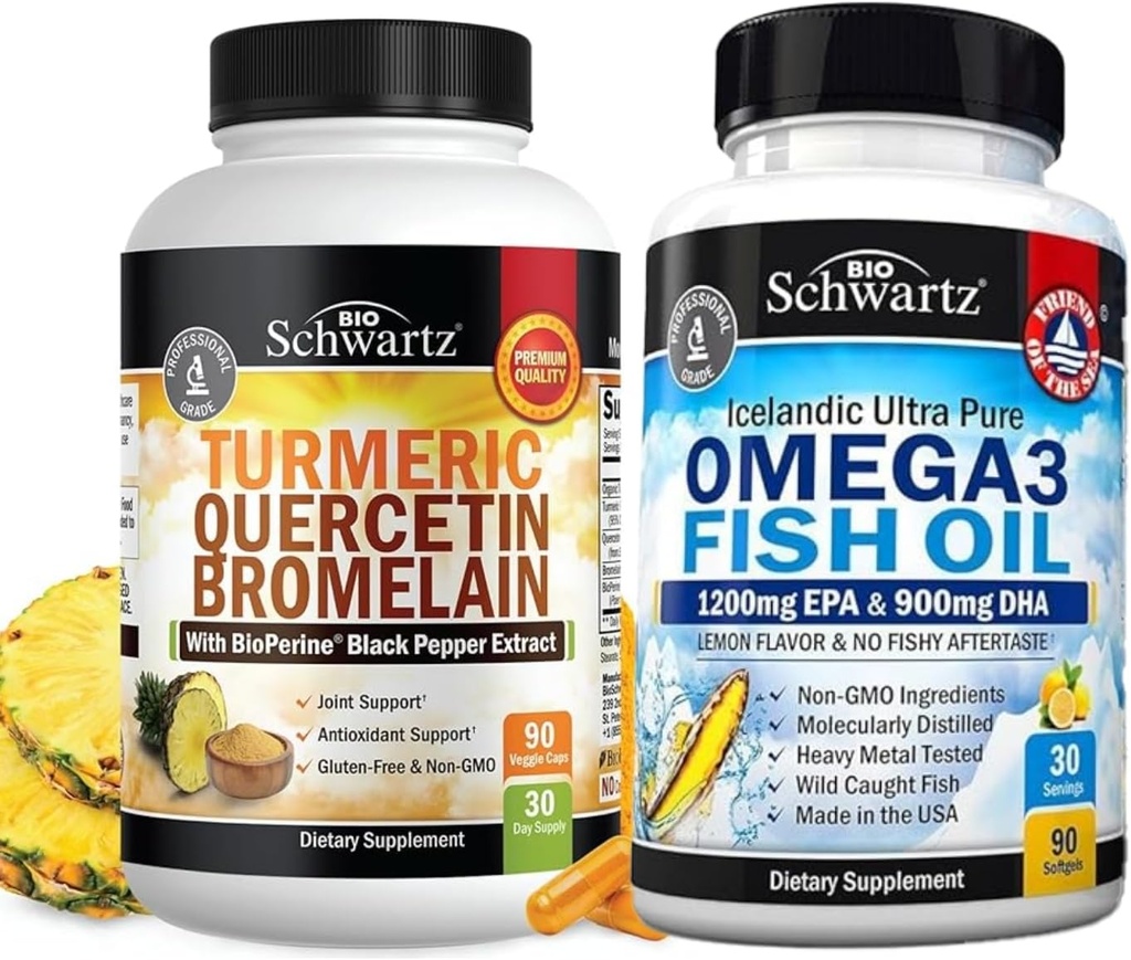Turmeric Quercetin with Bromelain Supplement (1 Ay Supply) Plus Triple Strength Omega 3 Fish Oil Softgels (1 Ay Supply)