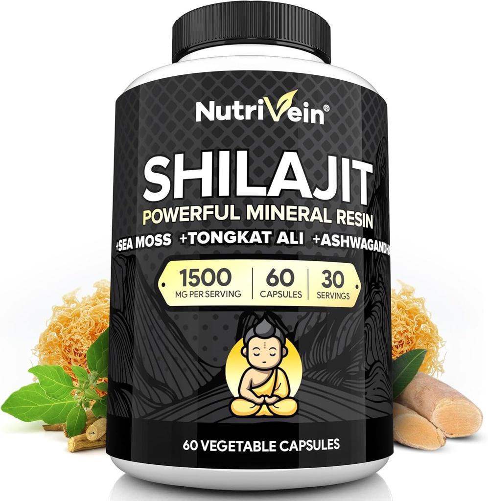 Erkekler ve Kadınlar için Plastik Saf Himalaya Shilajit - 1500 mg - 60 Capsules- Güçlü Askı İrlandalı Deniz Moss, Tongkat Ali ve Ashwagandha - Vitality, Clarity, & Performance