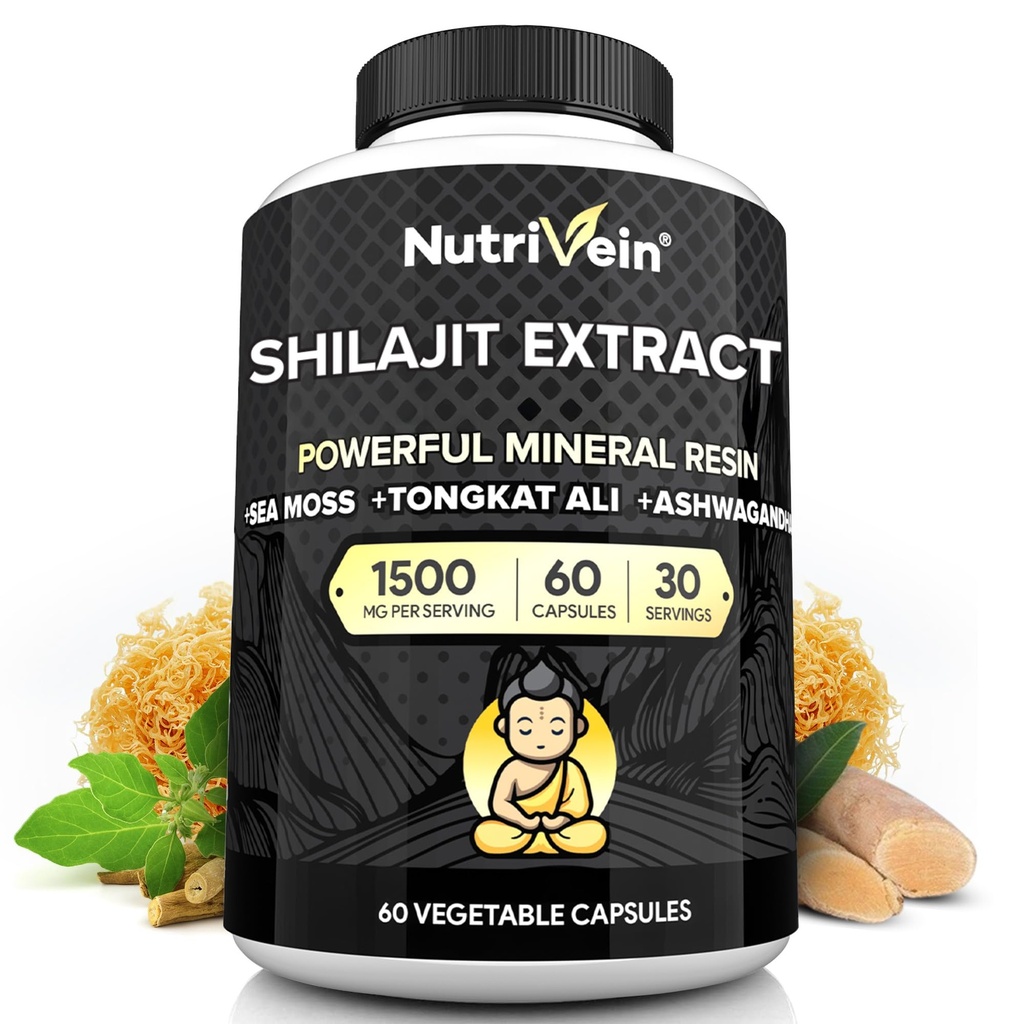 Nutrivein Premium Pure Himalayan Shilajit για άνδρες και γυναίκες - 1500 mg - 60 κάψουλες- ισχυρό εκχύλισμα Resσίνης αναμειγνύεται με Ιρλανδική θάλασσα Moss, Tongkat Ali, & Ashwagandha - Ζωτικότητα, σαφήνεια, & Απόδοση