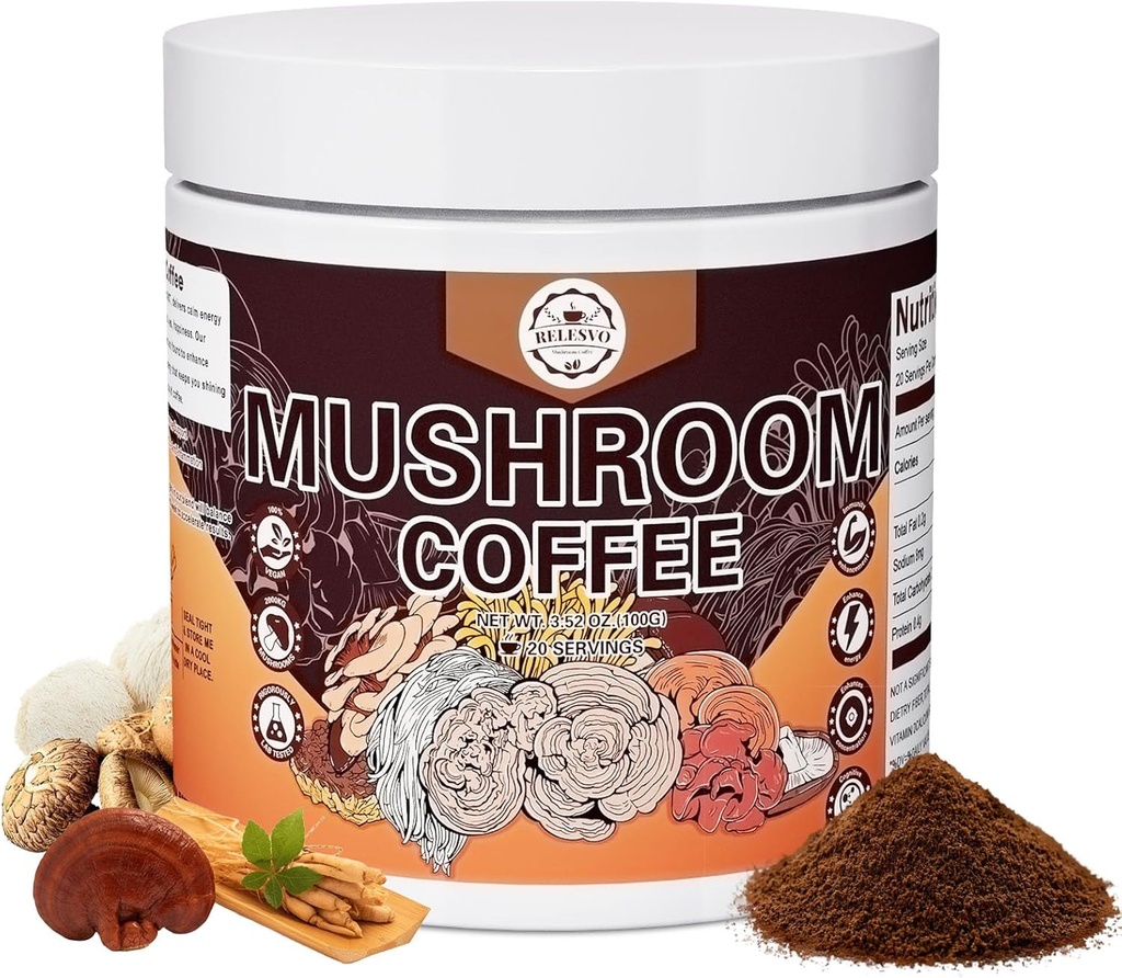 Mushroom Coffee, Instant Mushroom Coffee Mushroom Toz Toplantısı (20 Servisler) Cordyceps, Reishi, Lion's Mane, Shiitake, King Trumpet, Mushroom Supplement for Energy, Focus, Immune Support