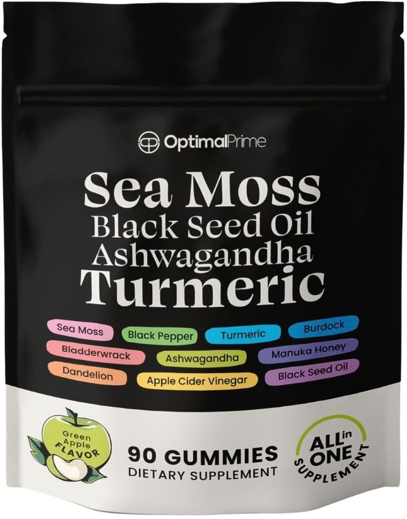 Optimal Prime Sea Moss ve Black Seed Oil Gummies, Ashwagandha, Turmeric, Manuka Honey, ACV, Dandelion, Black Pepper, Burdock, Bladderwrack, Vegan, 90 Gummies 45 Day Supply