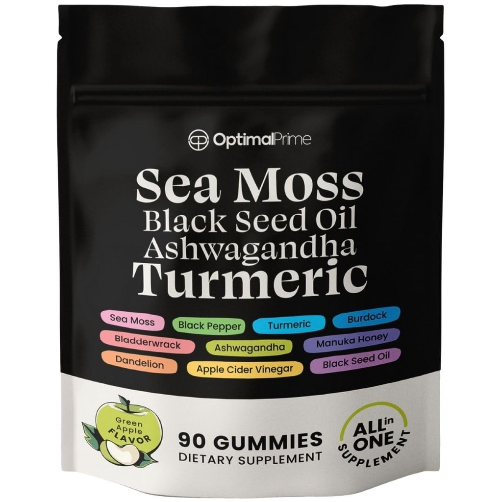 Optimal Prime Sea Moss ve Black Seed Oil Gummies, Ashwagandha, Turmeric, Manuka Honey, ACV, Dandelion, Black Pepper, Burdock, Bladderwrack, Vegan, 90 Gummies 45 Day Supply