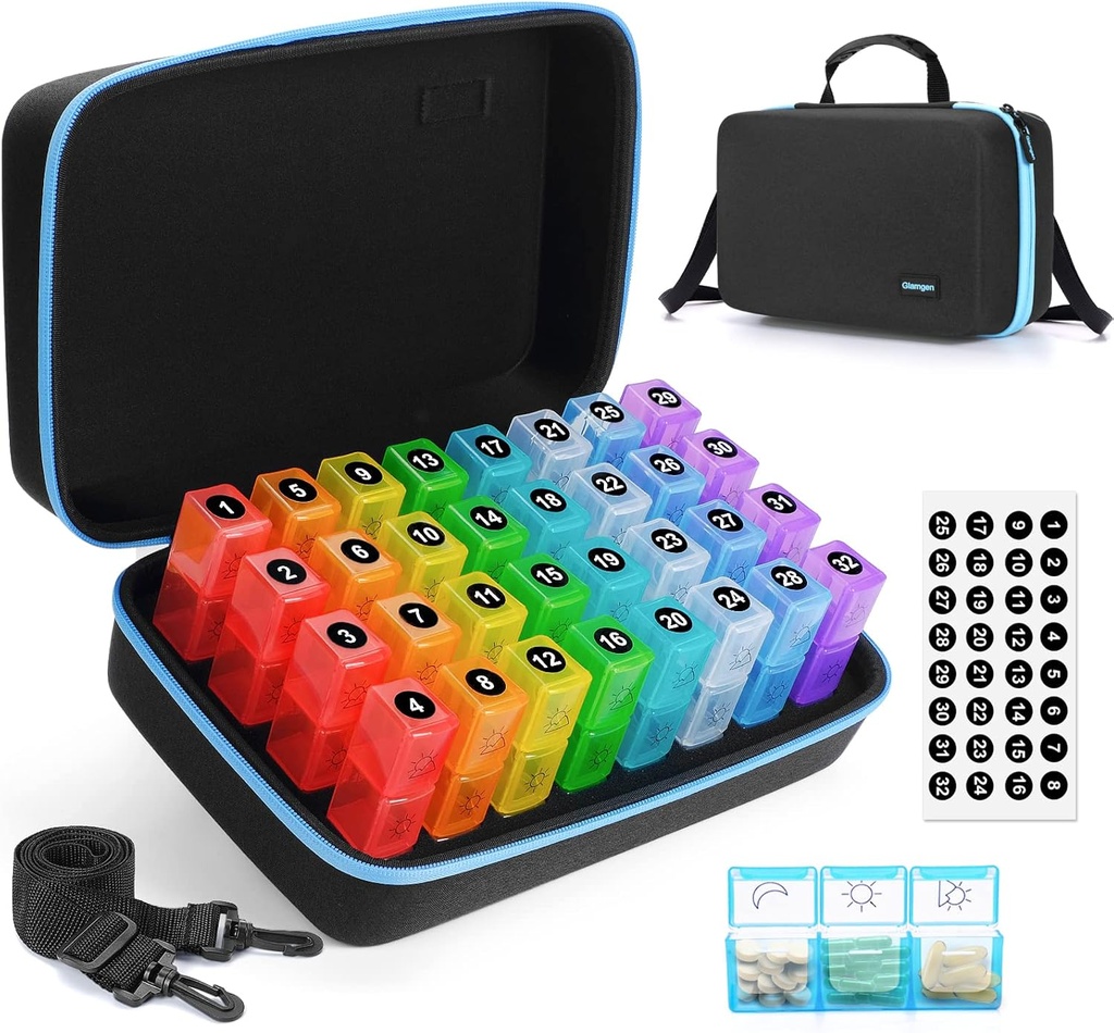 Aylık Pill Organizer 3X bir gün,Monthly Pill Organizer 3 Times a Day,Medicine Pill Box with 30 Günlük Karşılaştırmalı 32 Gün Pill Holder with Hard Travel Case for Vitamin,Supplement and Drug