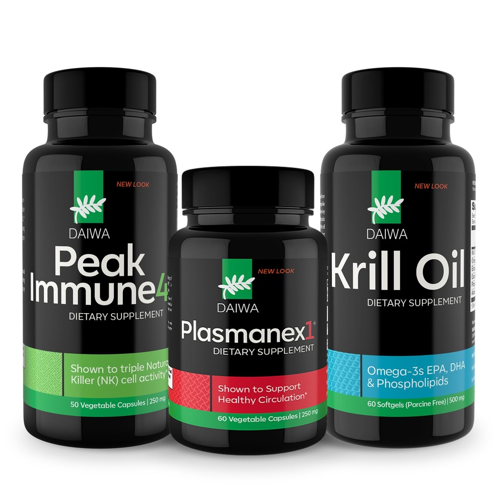 Daiwa Peak Immune 4 - Natural Immune System Alert + Plazmanex 1 – Kan Circulation Supplement + Krill Oil – Omega 3 Krill Oil Capsules