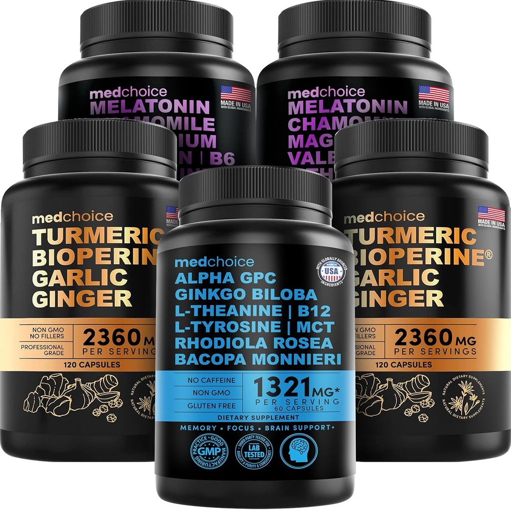 MEDCHOICE Turmeric & Ginger (240ct), Sleep Melatonin (180ct), και Nootropic Brain (60ct) Συμπλήρωμα Bundle - Wellness Trio για τον εγκέφαλο, τον ύπνο, & ανοσοποιητική υποστήριξη - Vegan, μη-GMO, Gluten-free