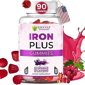 Made in USA 90 Iron Gummies For Women Anemia - Vegan, Gluten Free & Immune Support Iron Supplement Gummies (Grape) - Chewable Iron Gummies for Men - Kids iron Gummies for Kids with Vitamin C, A & Zinc