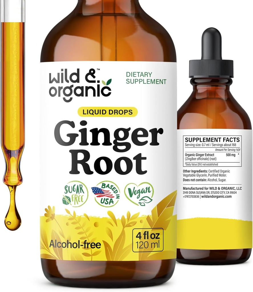 Wild & Organic Ginger Root Extract Drops - Immune & Digestive Support - Sıvı Ginger Supplements - Vegan, Sugar & Alkol-Free Tincture - 4 fl ozz