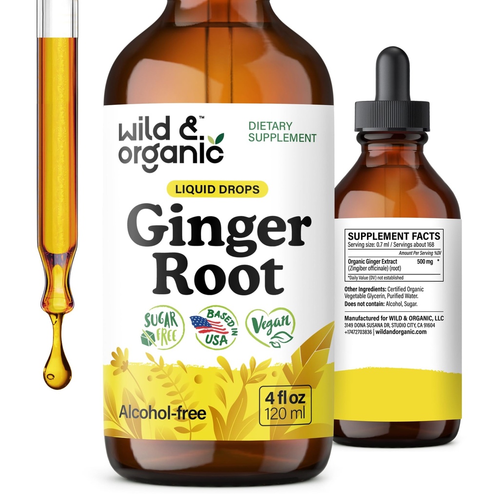 Wild & Organic Ginger Root Extract Drops - Immune & Digestive Support - Sıvı Ginger Supplements - Vegan, Sugar & Alkol-Free Tincture - 4 fl ozz