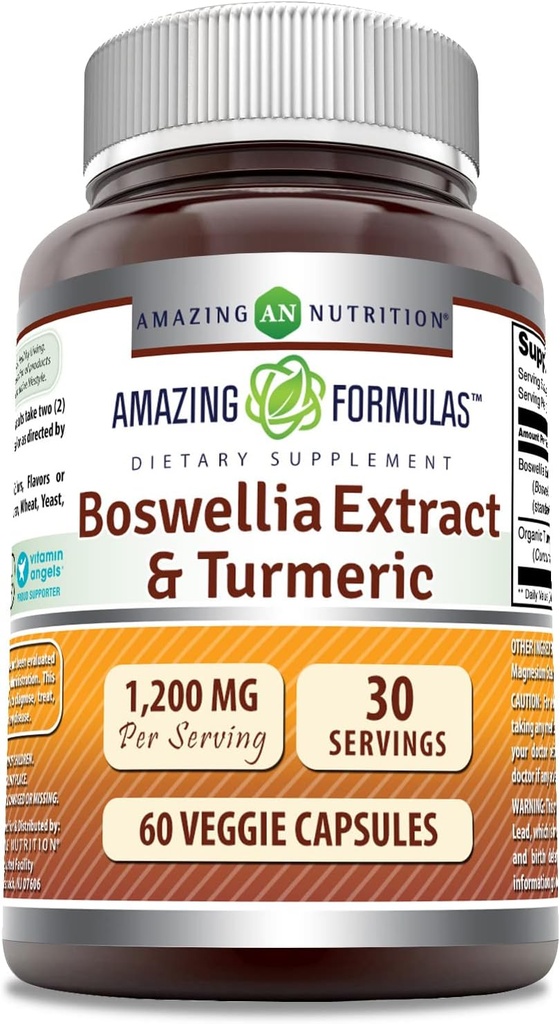 Amazing Formulas Boswellia Extract & Turmeric Supplement | 1200 Mg Per | 60 Veggie Capsules | Non-GMO | Gluten Free | Made in USA |