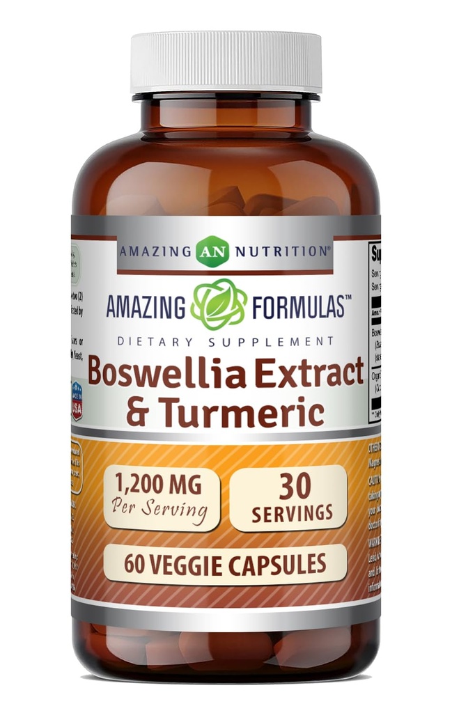 Amazing Formulas Boswellia Extract & Turmeric Supplement | 1200 Mg Per | 60 Veggie Capsules | Non-GMO | Gluten Free | Made in USA |