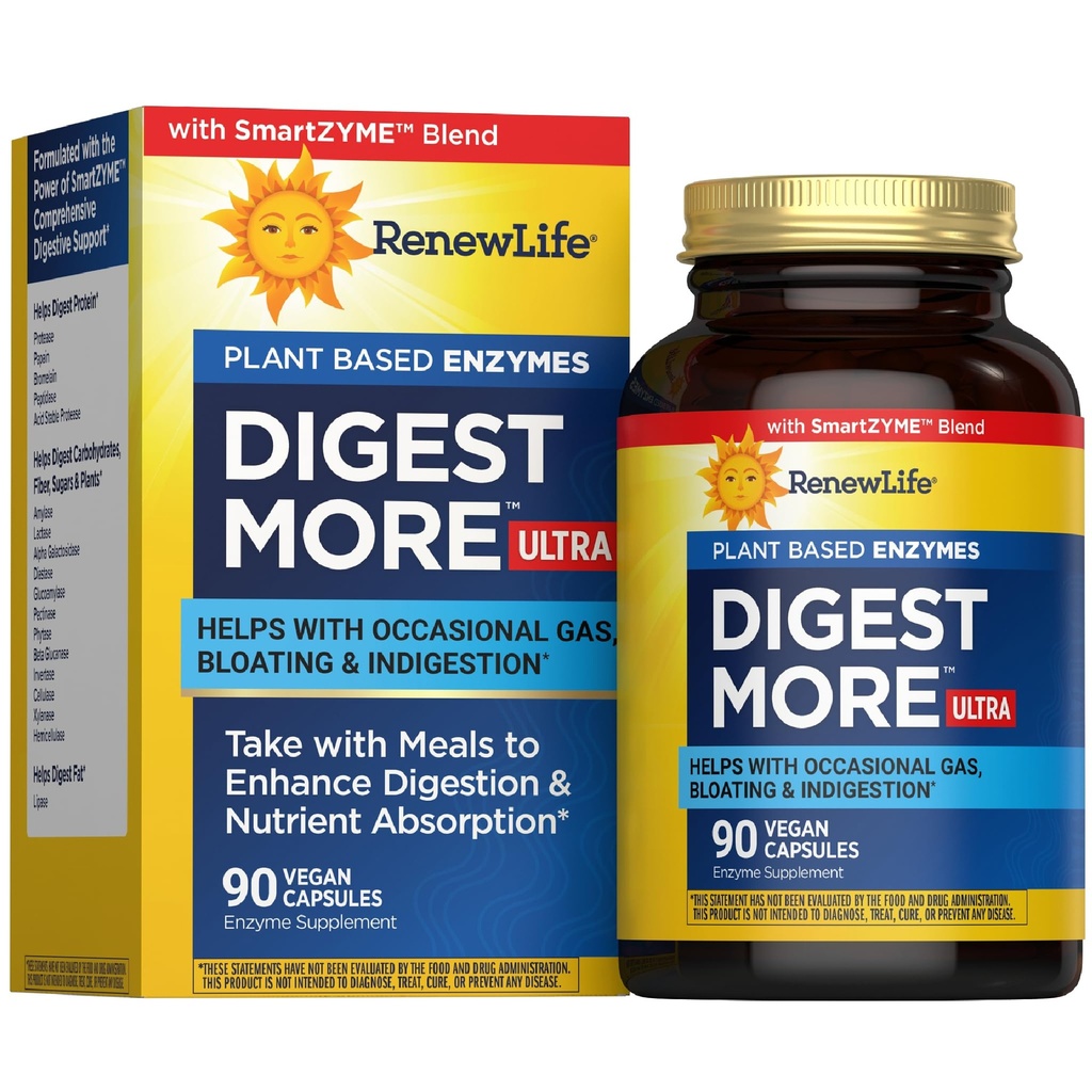 Renew Life Adult DigestMore Ultra Enzymes - Ultra-Stength Plant-based Digestive Enzyme Formula for Men & Women - 90 Vegetarian Caps