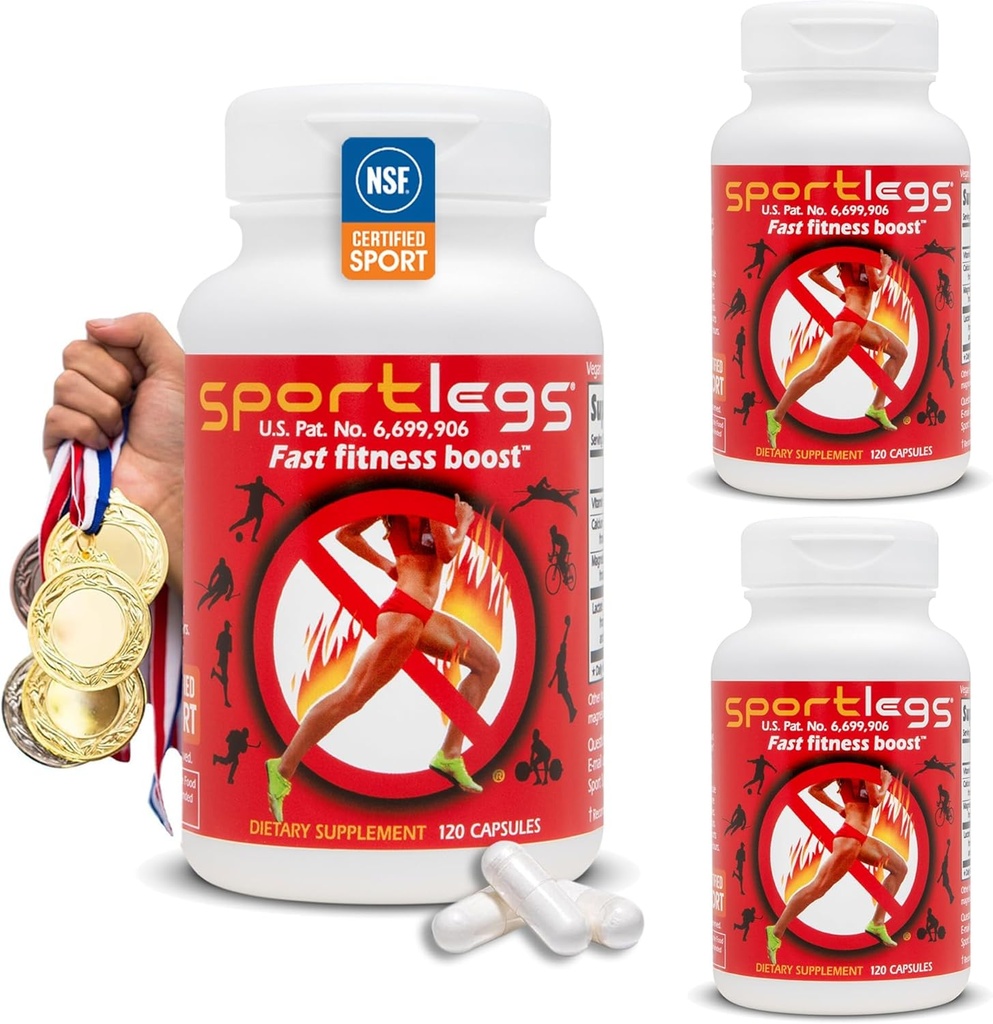 SPORTLEGS Fast Fitness Boost Pre Workout for Men and Women, Lactic Acid Supplement, Sports Endurance Yakıt, Endurance Supplements for Runners - NSF Sport, 120-Capsule Şişe, 3 Paket