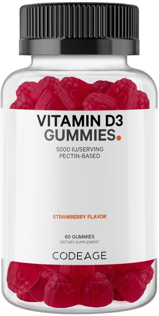 Kodaj Vitamin D3 Gummys, D3 5000 IU Gummies Cholecalciferol 125 mcg - 2Month Supply - Soft Pectin-Based, Animal Gelatin-Free Vitamins Gummy, Strawberry, Gluten-Free - 60 Gummies Cholecalciferol 125 mcg - 2Month Supply - Soft Pectin-Based, Animal Gelatin-Free Vitamins Gummy, Gluten-Free - 60 Gummies Cholecal