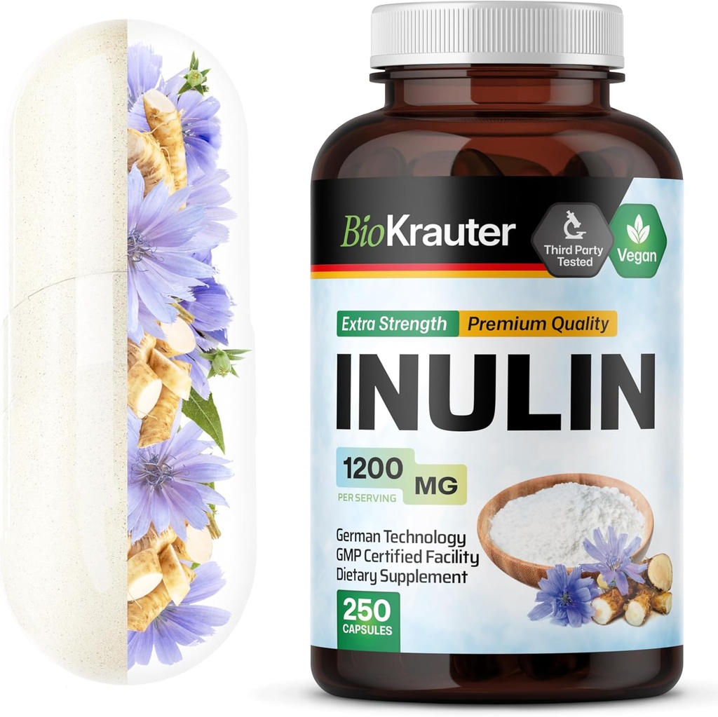 BIO KRAUTER Κάψουλες σκόνης ινουλίνης - Inulin Prebiotic Fiber 1200 mg Δύναμη - 250 Count - Pure Soluble Fiber Συμπληρώματα - Chicory Root Fiber Κάψουλες για Digestive Υποστήριξη - Vegan