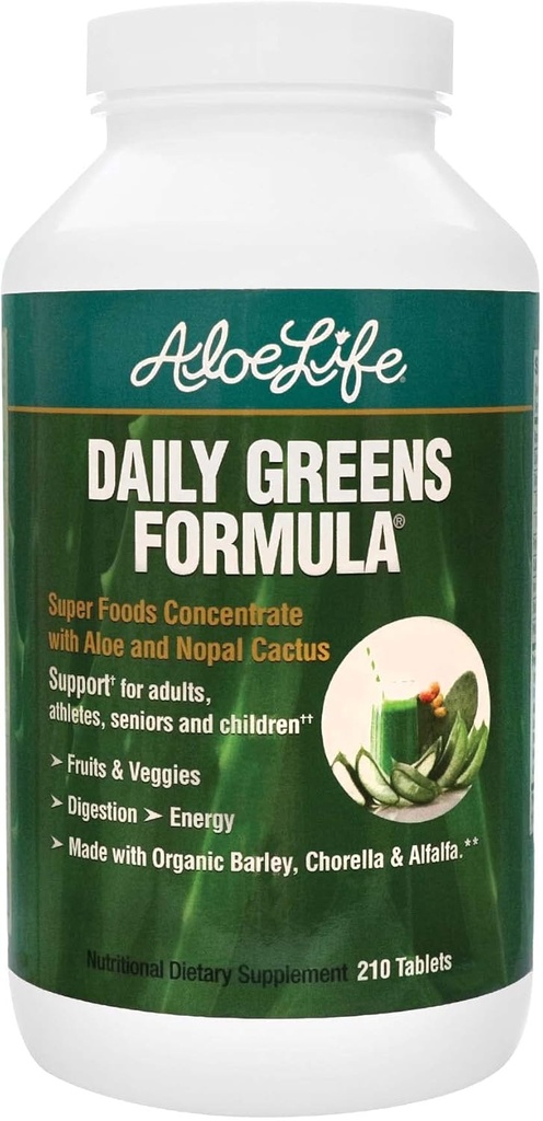 Aloe Life - Daily Greens Tabletleri, sertifikalı Organik Sağlık Supplement, Antioksis, 21 Meyve, Veggies, & Herbs Including Aloe & Nopal Cactus, Low-Calorie, Keto-Friendly, Gluten-Free (210 Tabletler)