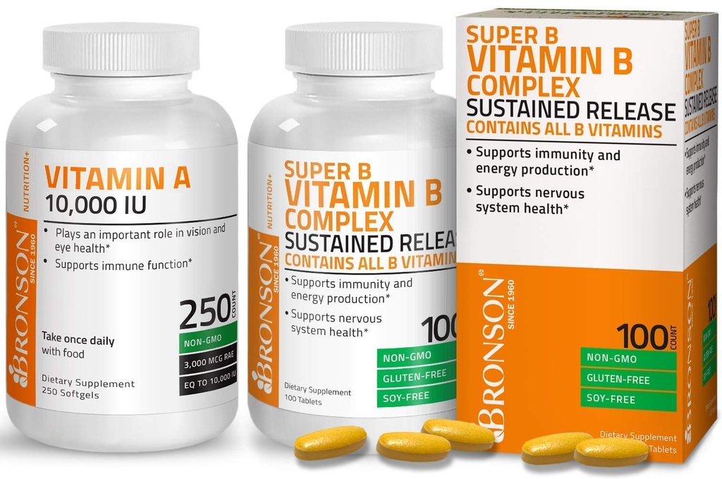 Bronson Super B Vitamin B Kompleksi Sustained Slow release + Vitamin A 10.000 IU Premium Non-GMO Formula