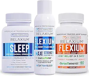Relaxium Sleep Aid 60 Capsule + Flexium Fast Acting Ortak Destek 60 Capsule + Flexium Instant Spray for Pain, Max Strength with 10.5% Menthol & CurcuTame 90 ml (Aile Paket Uyku ve Ortak Grafik)