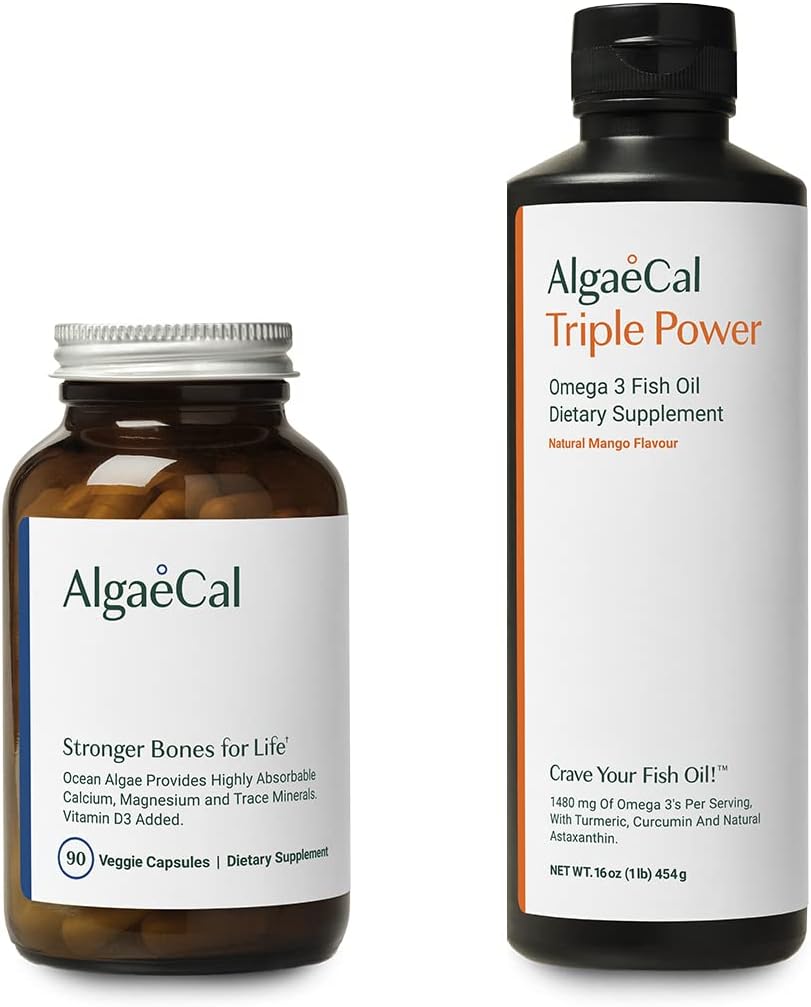 AlgaeCal Bundle - Plant Based Calcium Supplement with Vitamin D3 for Bone Health & Strength & Triple Power Omega-3 Fish Oil Φυσικό Υγρό Γαλάκτωμα με EPA & DHA, Κουρκουμίνη, Ασταξανθίνη