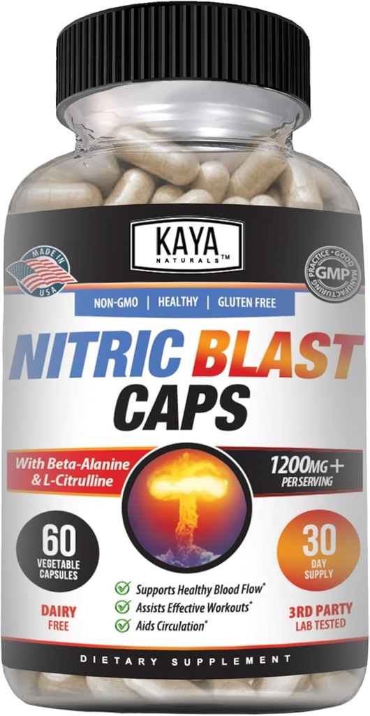 Kaya Naturals - Nitric Blast Potent All-Doğal Herbal Supplement for maximum Health Faydaları | Pre-Workout | Artan Enerji | Improv Nighttime Performansı (60 Kont (kırda 1)