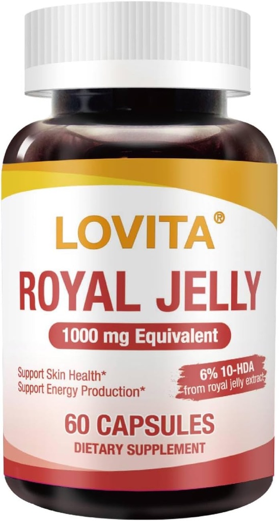 Lovita Royal Jelly 333 mg, 3:1 Yoğunluk, 20 mg 10HDA, Natural Source Super Food, Supports Skin Health & Energy Production, 60 Capsules