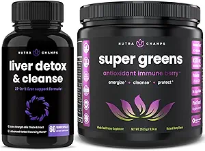 NutraChamps Liver Cleanse Detox Capsules and Super Greens Antioxidant Superfood Powder Bundle