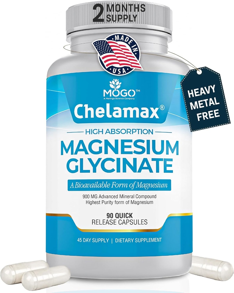 Chelamax Magnezyum Glycinate. Dead Sea Sourced, 100% Chelated for Magnezyum Sleep Support, Muscle Cramps, Bone Health. ABD'de, 3. Parti Test Edildi,Heavy Metal Free,Glicinato de Magnesio Capsules.