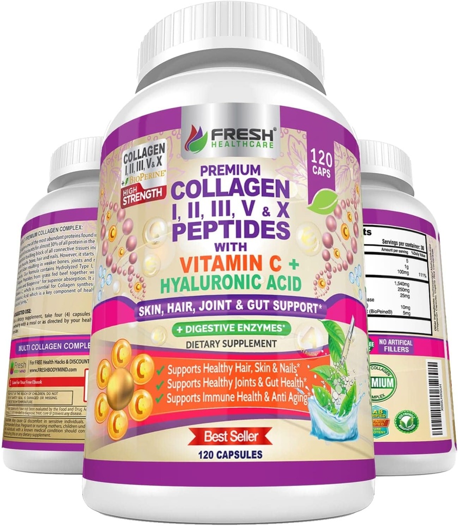 FRESH HEALYCARE Multi Collagen Pills με Peptides τύπου I, II, III, V & X με Βιταμίνη C, Υαλουρονικό οξύ - Υποστηρίζει υγιή μαλλιά, δέρμα, νύχια και αρθρώσεις - 120 κάψουλες Kosher