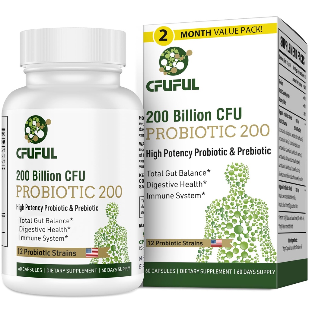 Kadınlar ve Erkekler için probiyotikler, 200 Milyar CFU 12 Strains ile Digestive Health Gut, Immune, Bloating & Gas, Enerji, Genel Sağlık, Raf Stable - 2 Ay Supply