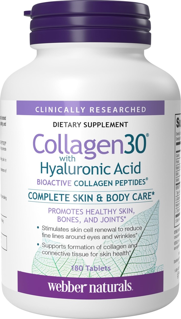 Webber Naturals Collagen30, Hyaluronic Acid, Bioaktif Collagen,, 180 Tabletler, Eye Wrinkles ve Fine Face Line'ı Az GMOS